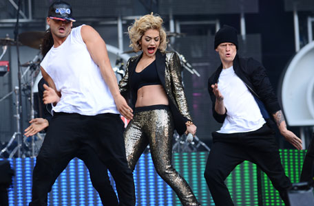 Singer Rita Ora performs on stage at the "Chime For Change: The Sound Of Change Live" Concert at Twickenham Stadium on June 1, 2013 in London, England. Chime For Change is a global campaign for girls' and women's empowerment founded by Gucci with a founding committee comprised of Gucci Creative Director Frida Giannini, Salma Hayek Pinault and Beyonce Knowles-Carter. (getty images)